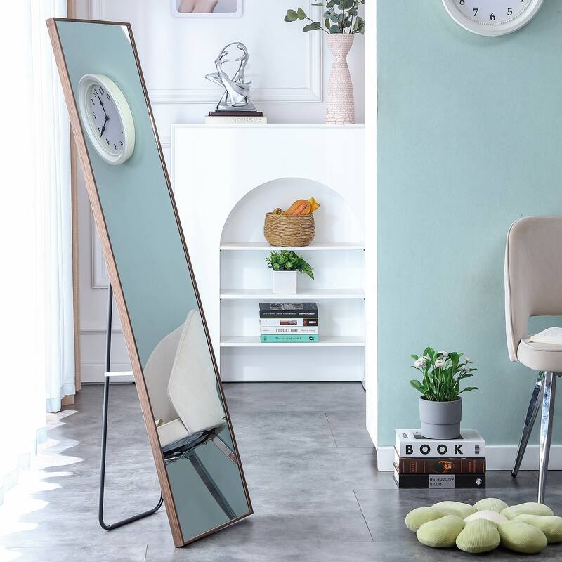 Roomfitters Full Body Mirror with Brown Solid Wood Frame, Floor Standing Decorative Mirror for Dressing Room