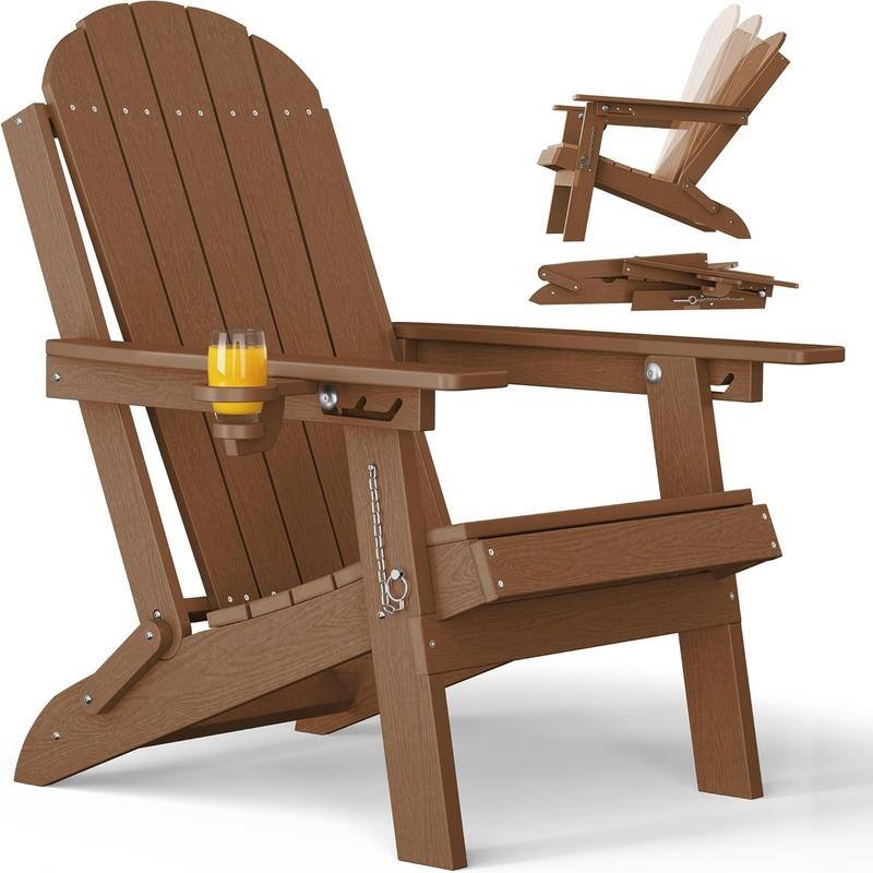 WINSOON Outdoor All-Weather HDPE Folding Adirondack Chair with Cup Holder & Adjustable Back - Teak