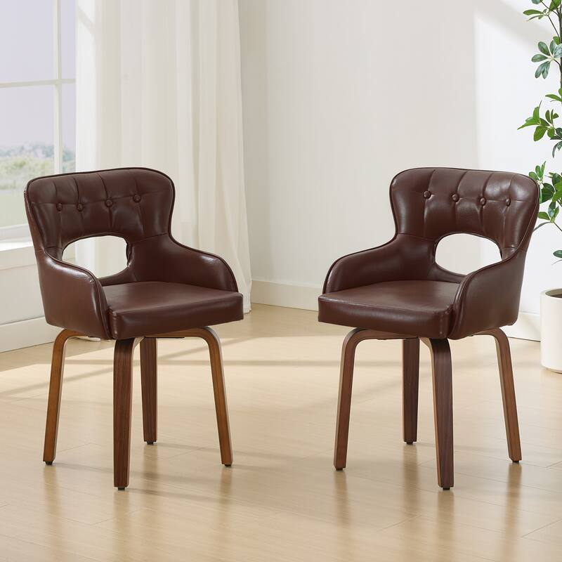 Faux Leather Upholstered Swivel Dining Chairs with Bentwood Legs - Brown
