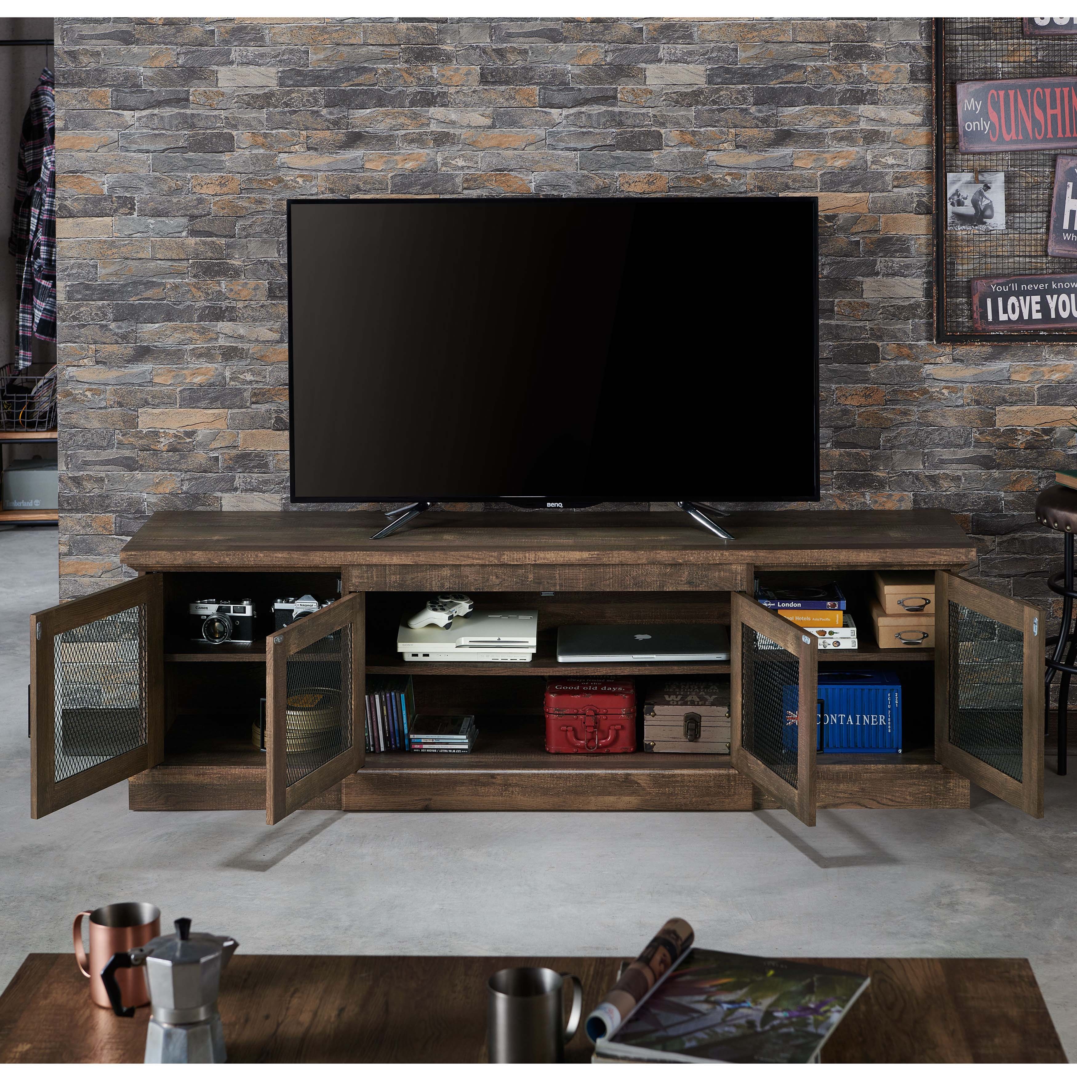 Jacinto rustic reclaimed oak tv outlet stand