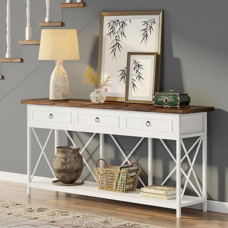 Farmhouse Console Table 71 Inch Wood Entryway Hallway Living Room Sofa Table with 3 Drawers and Bottom Shelf