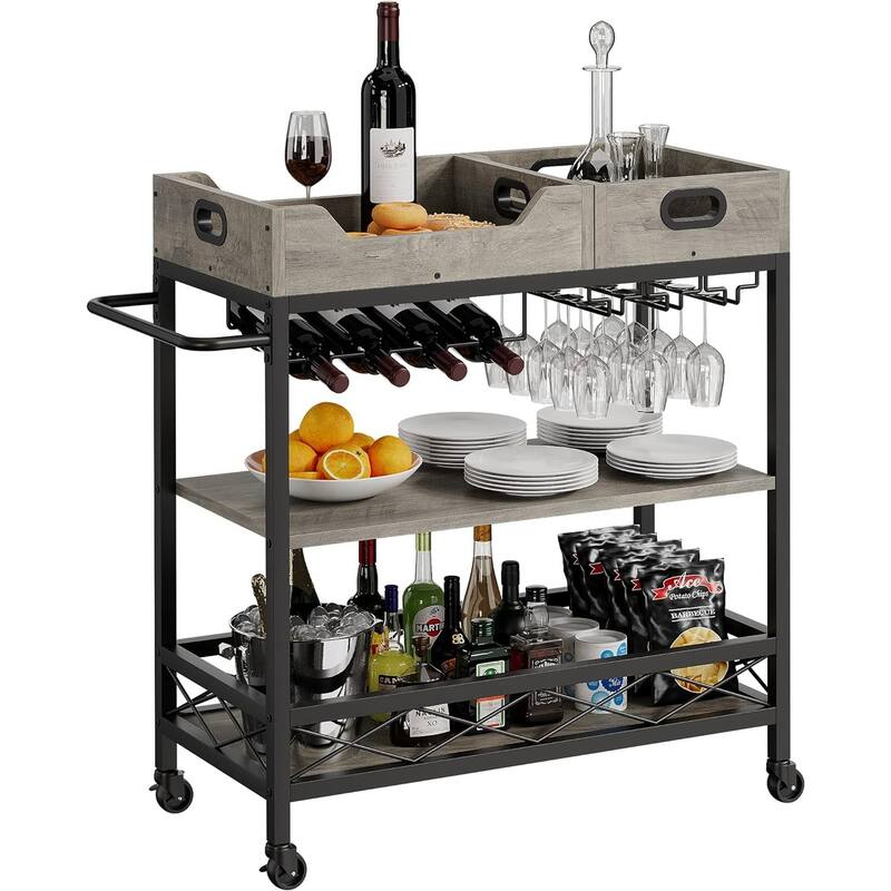 3 Tier Home Bar Serving Cart with Wine Rack and Glass Holders - Grey