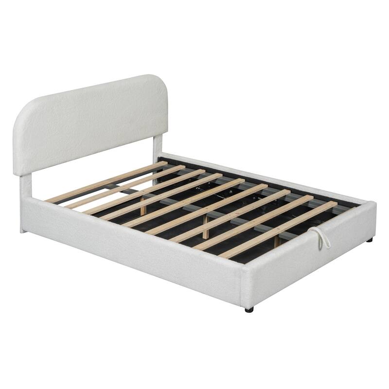 Luxury Teddy Fleece Fabric Bed Frame with Lift Up Storage, Upholstered Platform Bed Frame with Hydraulic Storage System