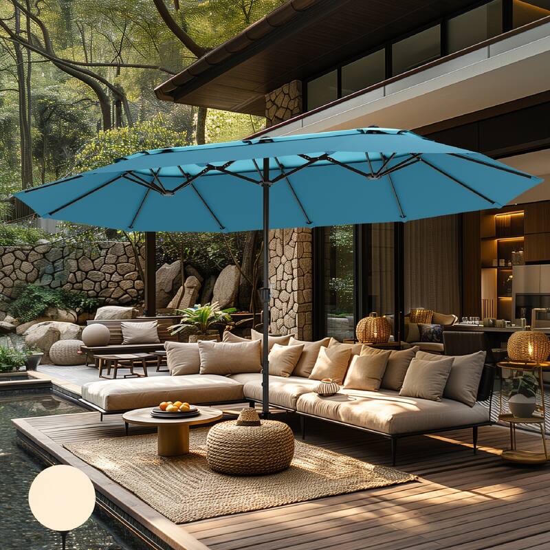 MAISON ARTS 15ft 2-Tier Large Patio Umbrella with Solar Lights, Double-Sided Outdoor Market Umbrellas with Base Included - BlueMix-NoLights