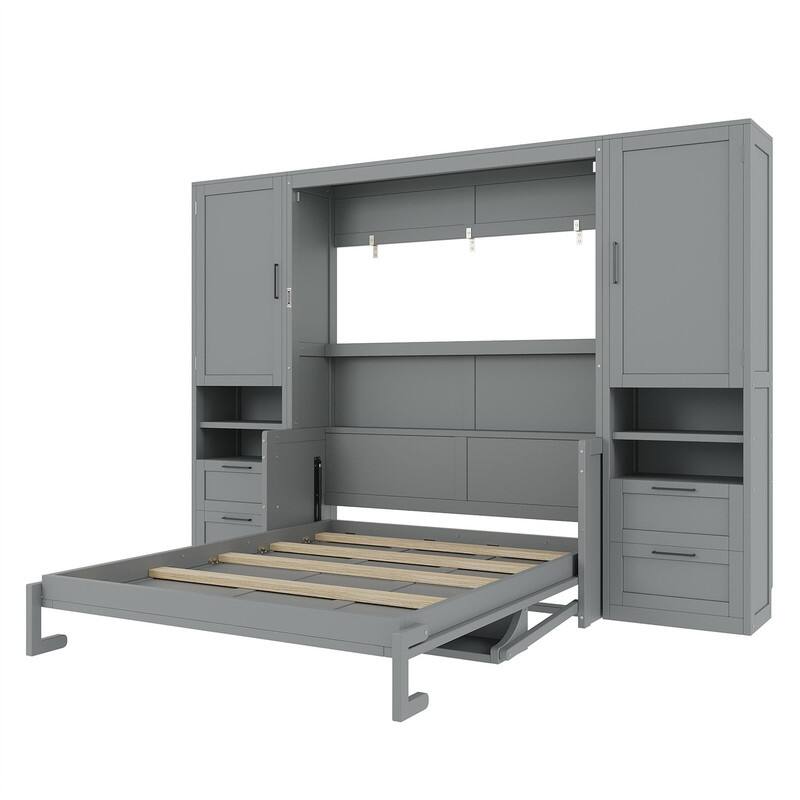Queen Size Murphy Bed Wall Bed with 2 Wardrobes and 4 Storage Drawers, Foldable Murphy Cabinet Bed w/Open Storage Shelves& Stool