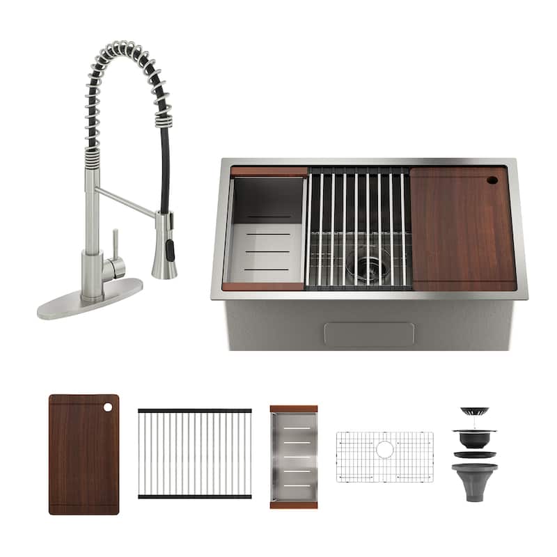Undermount Single Bowl Nano Brushed Stainless Steel Workstation Kitchen Sink with Two-Function Kitchen Faucet and Accessories - 32 in. Nano Brushed Sink + 2-Spray Kitchen Faucet - 32 x 19 x 10