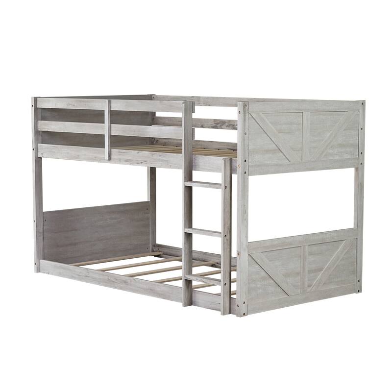 Twin over Twin Floor Bunk Bed w/ Headboard,Footboard,Safety Guardrails