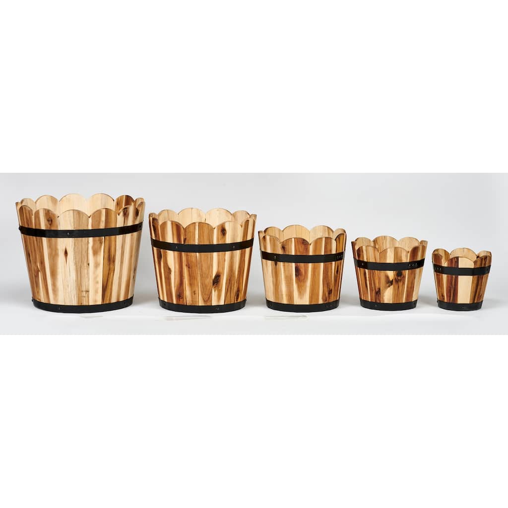 Scallopped Acacia Wood Barrel Planters, Set of 5 - 12.5