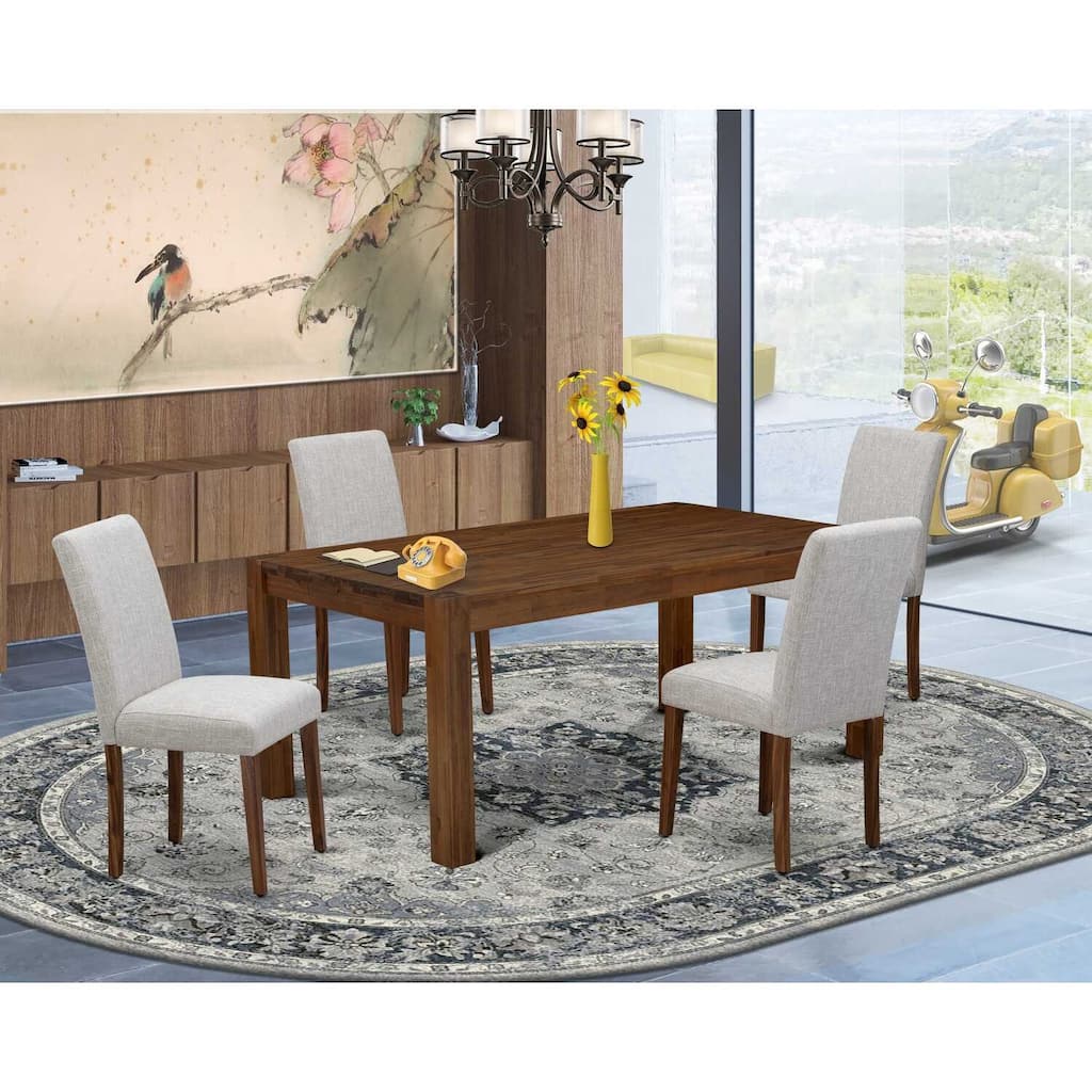 Southwestern Dining Set - 5 Piece Table & Chair Set - Linen Fabric Parsons Chairs - Walnut Finish - Medium Size