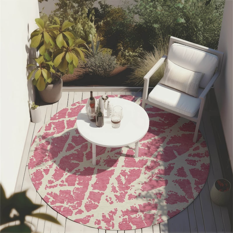 Machine Washable Indoor/ Outdoor Transitional Pink Crackle Chantille Rug - Pink - 8' x 8'