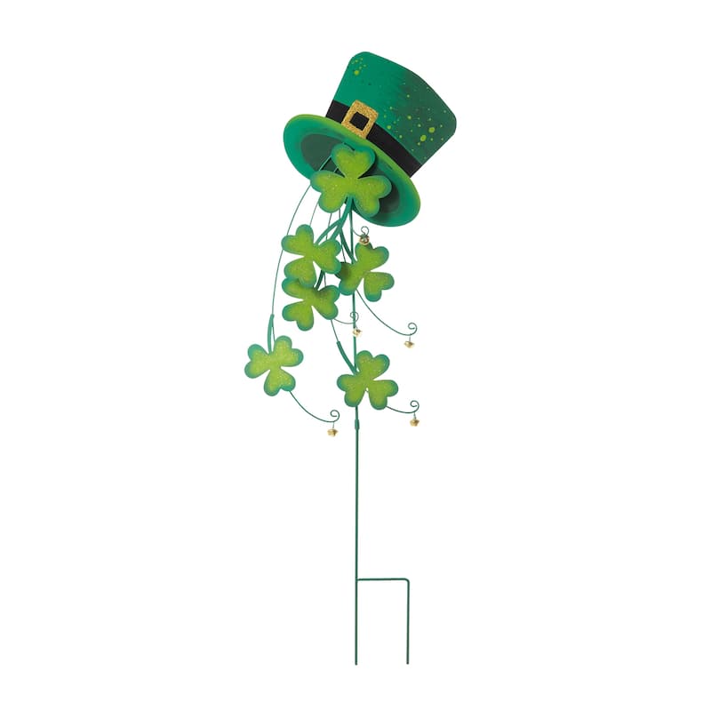 Glitzhome 42"H St. Patrick's Metal Lucky Leprechaun Hat Shamrocks Yard Stakes