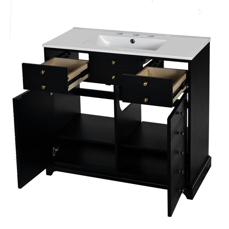 36-Inch Bathroom Vanity with Ceramic Sink, Solid Wood Frame, 2 Drawers & 2 Cabinets, Soft-Closing Hinges - 36in L Ceramic+MDF
