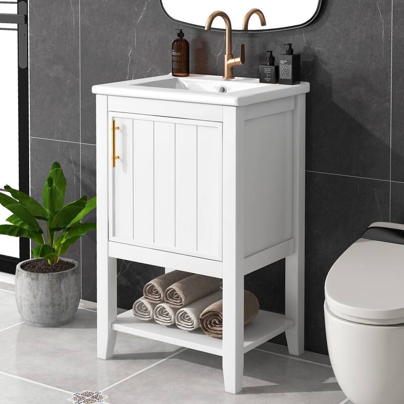 20" Bathroom Vanity with Sink, Soft Closing Door, Storage Rack & Open Shelf - Modern Grey Freestanding Cabinet