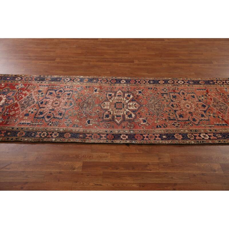Geometric Heriz Persian Vintage Runner Rug Hand-Knotted Wool Carpet - 3'3"x 11'2"