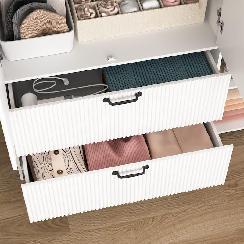 4 Doors Wardrobe Closet White Storage Cabinet with Mirror, Minimalist Armoire Closet with Hanging Rod