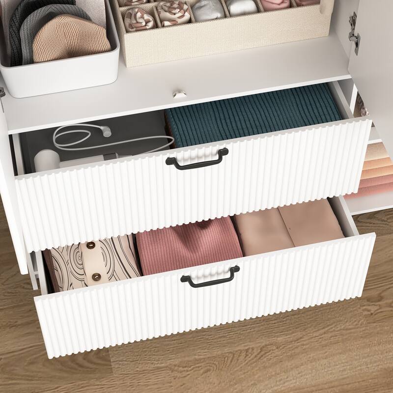 4 Doors Wardrobe Closet with Mirror, LED Wardrobe with Doors and 2 Drawers, Wooden Wardrobe Storage Cabinet with Hanging Rod