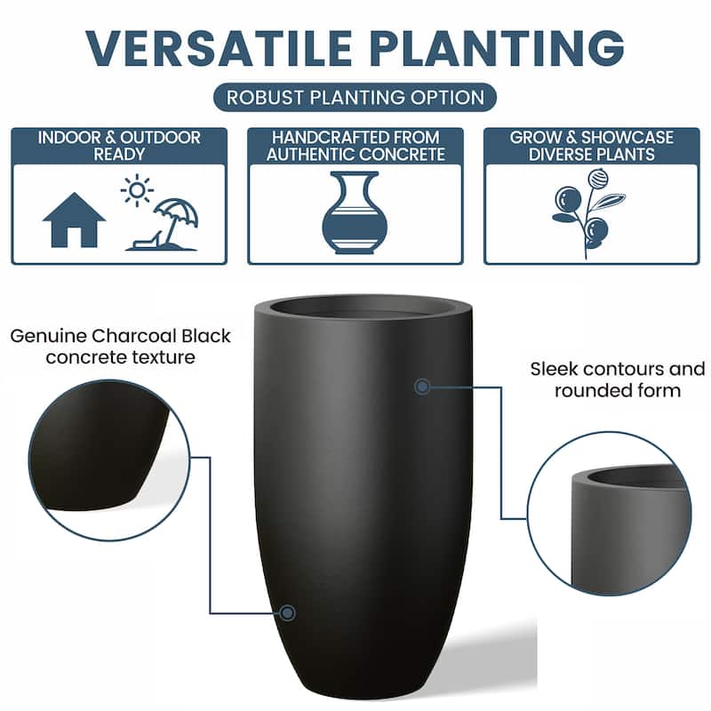 Textured Granite Gray Tall Concrete Round Plant Pots / Large Indoor and Outdoor flower Planters (13.5 Inch x 24.5 Inch)