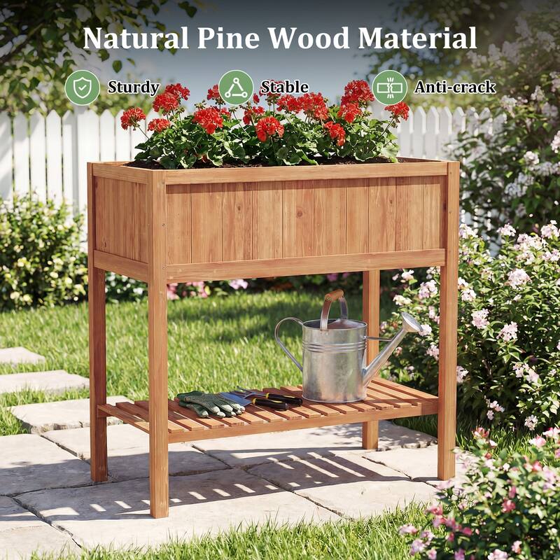 Gymax 2PCS Wooden Raised Garden Bed w/ Legs Liner Storage Shelf Large