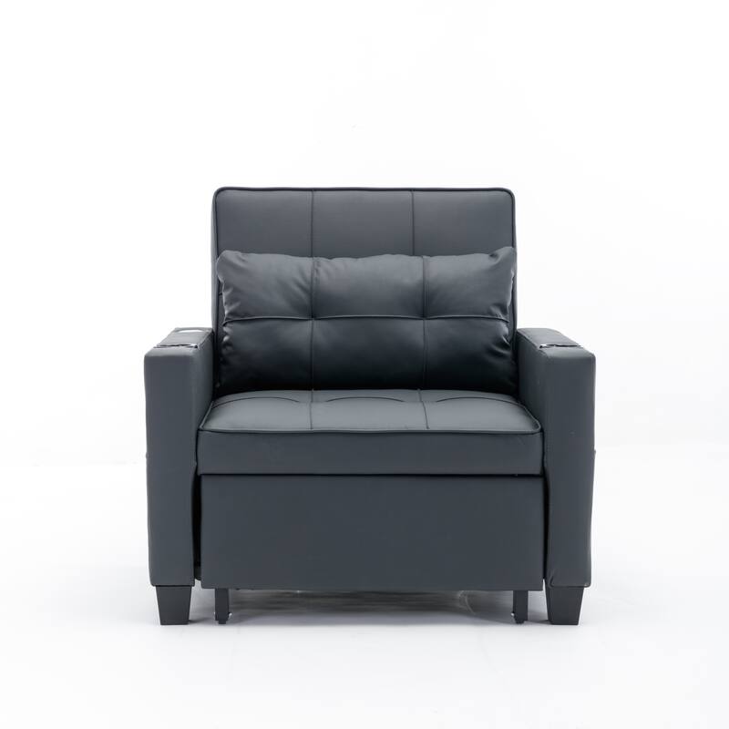 Faux Leather Convertible Sofa Bed with USB Ports