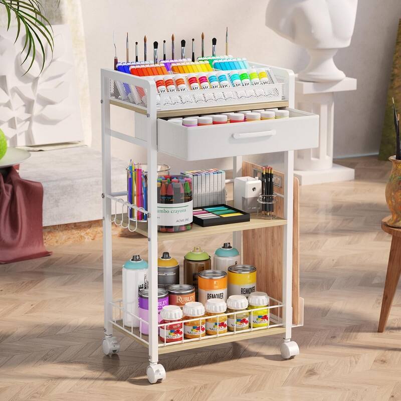 Metal Utility Cart with Storage Drawer and Wheels - 34.7"D x 9.3"W x 16.9"H