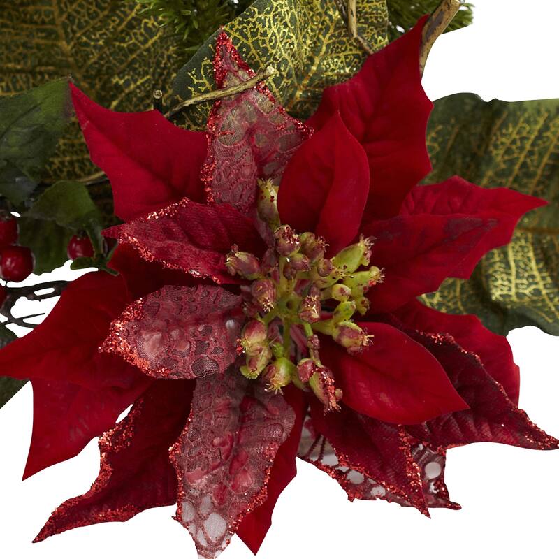 14" Poinsettia and Holly Berry Artificial Christmas Candelabrum