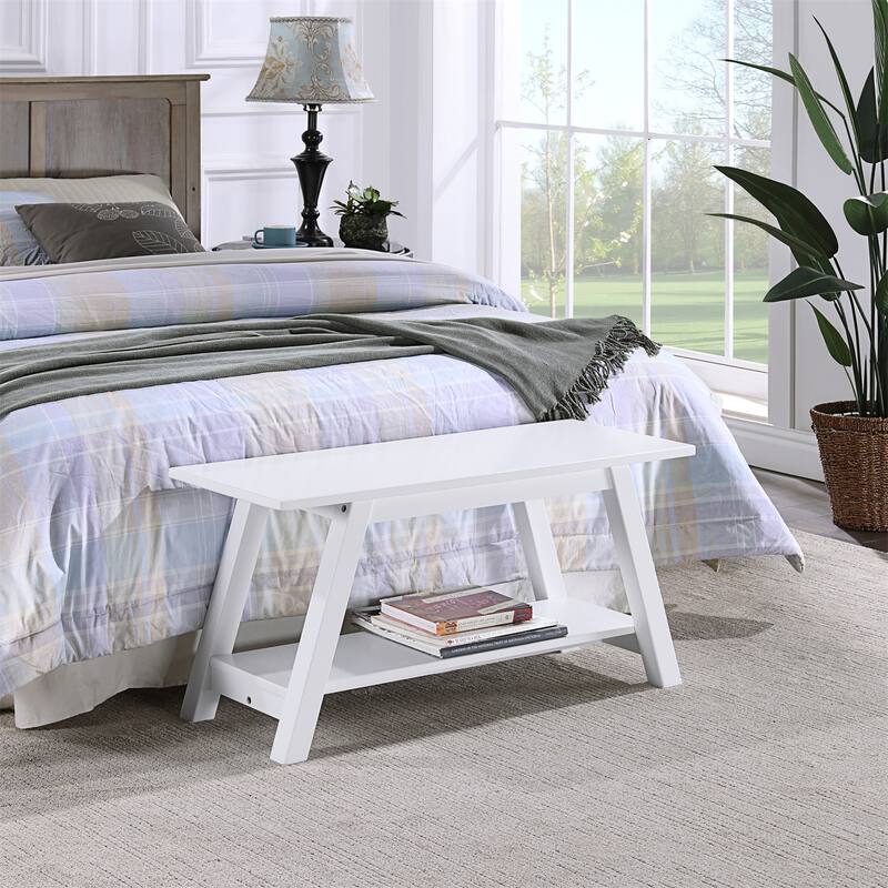 Solid Wood Bench with Shelf - White