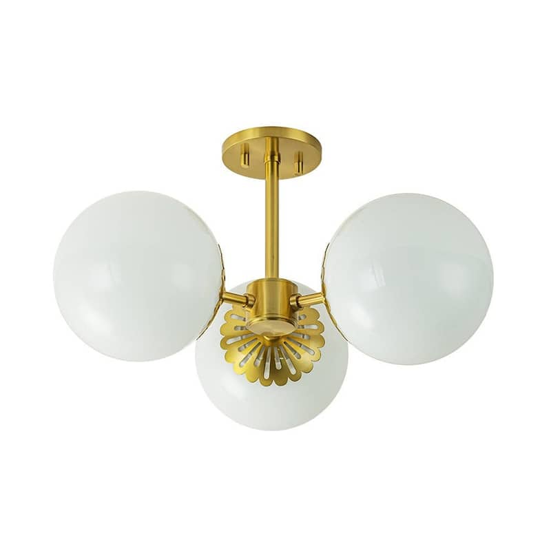 3-Light Mid-century Modern Opal Glass Globe Semi-flush Mount - Brass