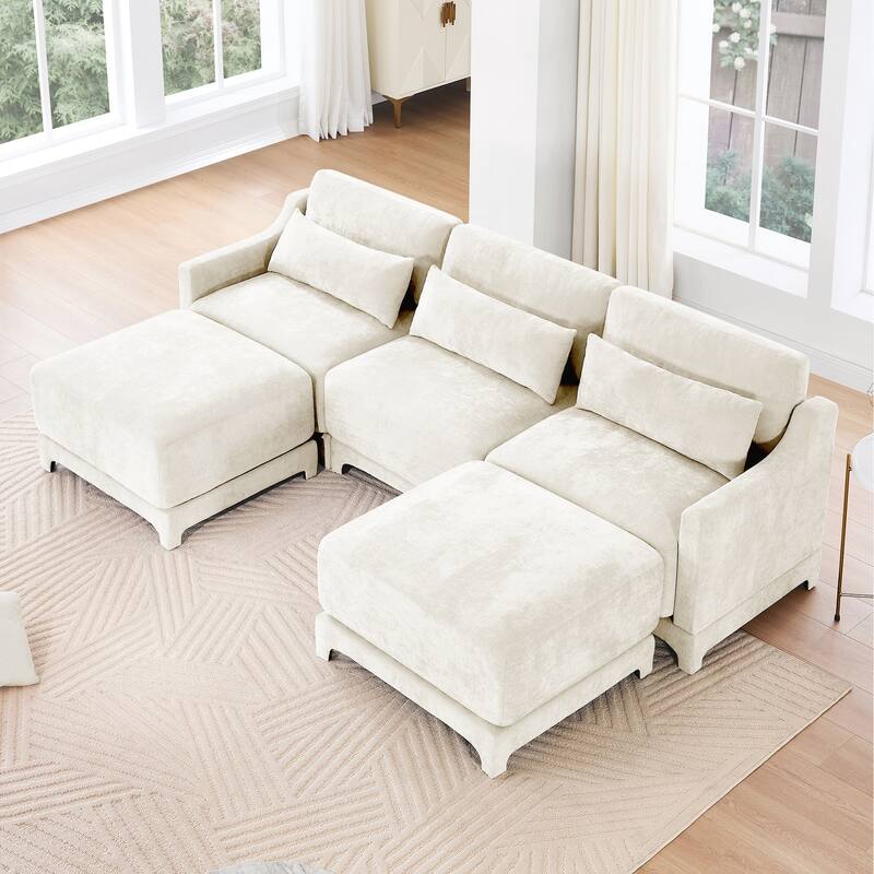 Three-Seater Sofa with 2 Movable Ottomans
