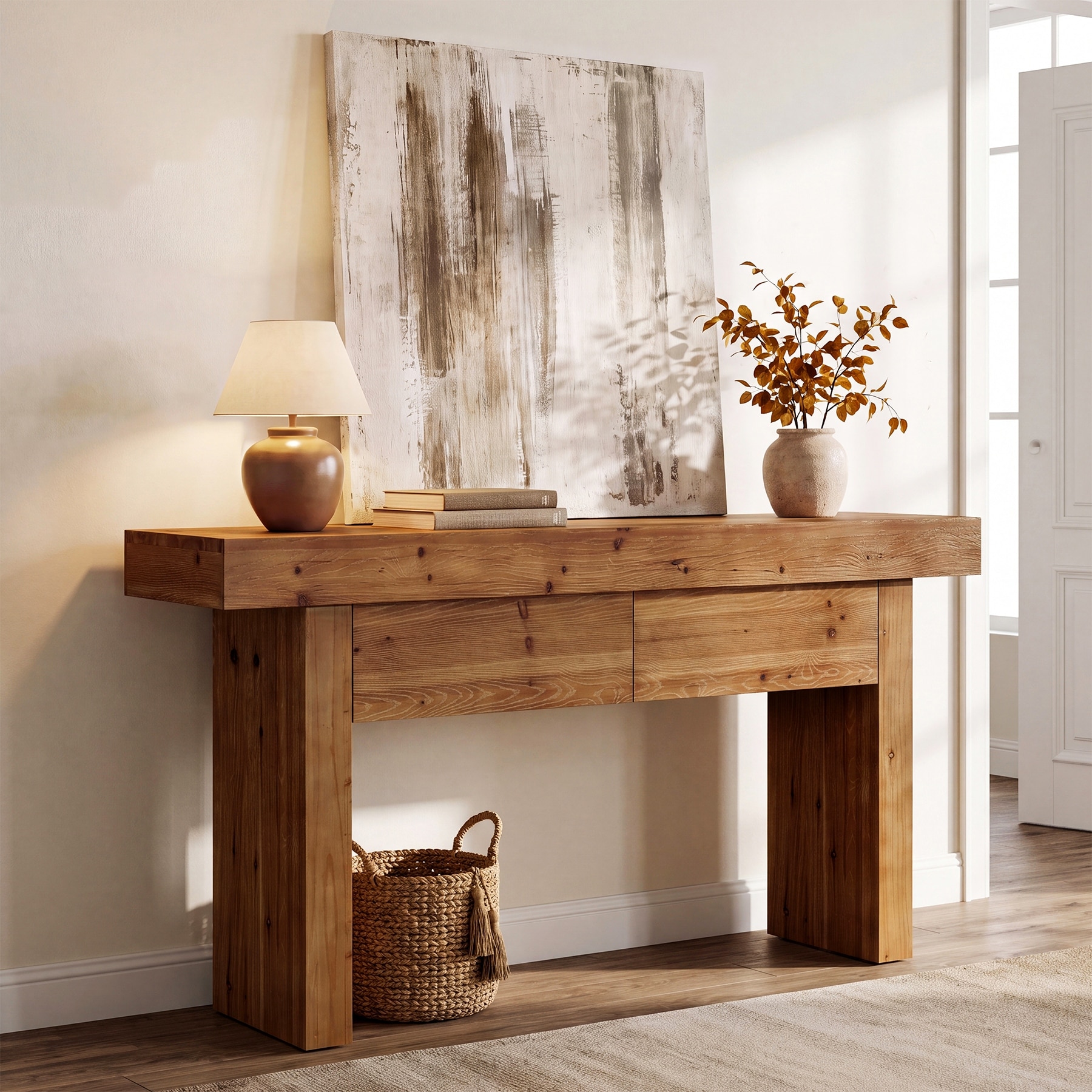 63 Inch Rustic Wood Slim Console Table with 2 Drawers, Entryway Sofa Table Behind Couch for Living Room