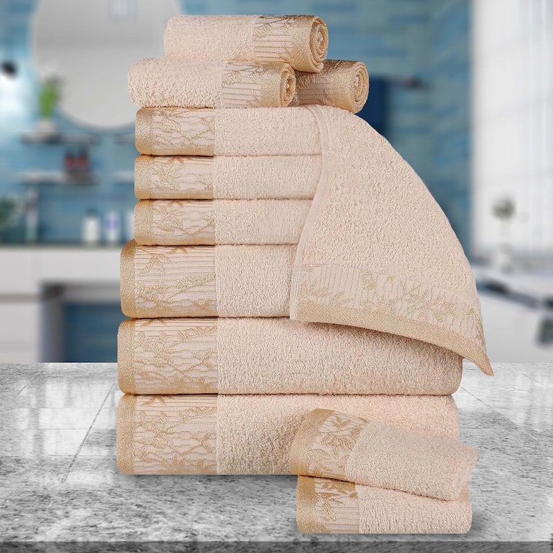 Superior Wisteria Cotton Floral Jacquard 12 Piece Bathroom Towel Set - Ivory