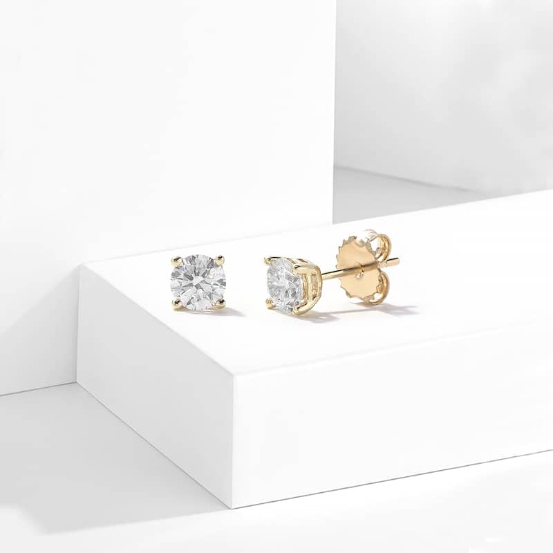IGI Certified 1ct-4ct TDW Round Lab-Grown Diamond Solitaire Stud Earrings in 14k Gold - 1ct - Yellow