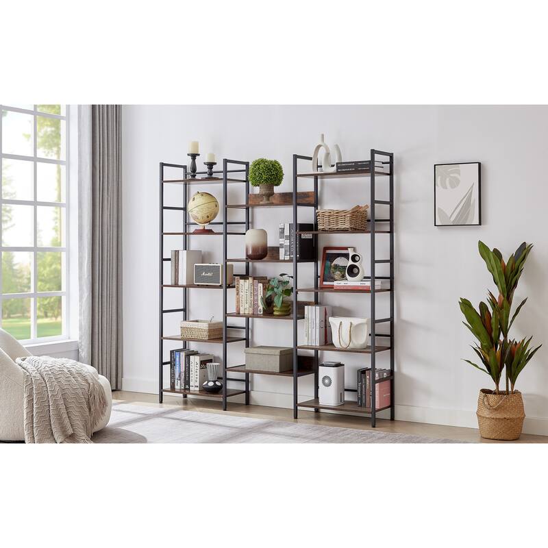 Industrial Triple Wide Wooden 5-shelf Bookshelves