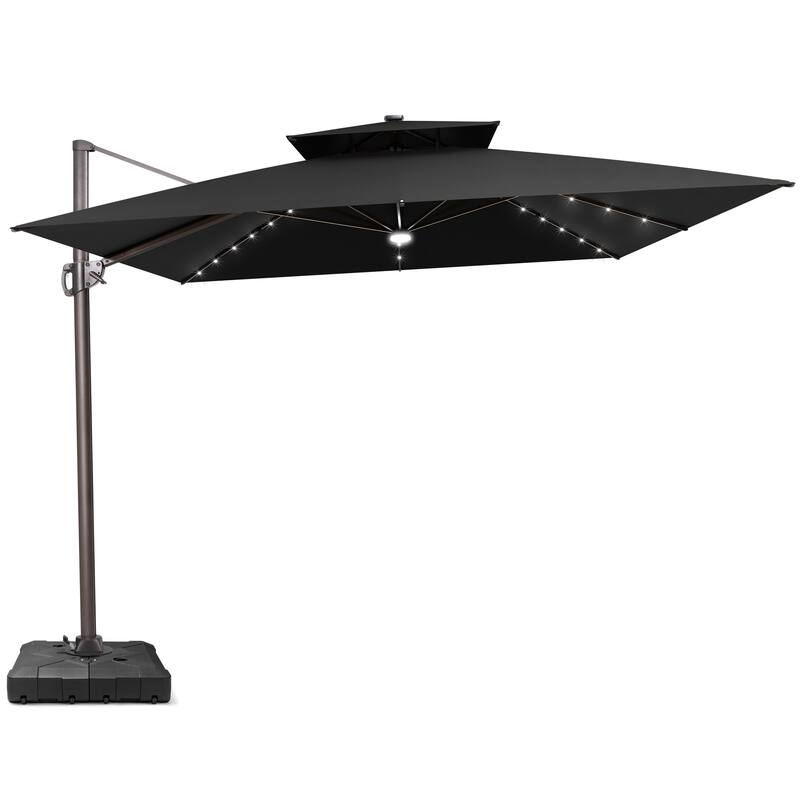 11FT Outdoor Patio Cantilever Umbrella with LED Lights Double Vented Umbrella with Base