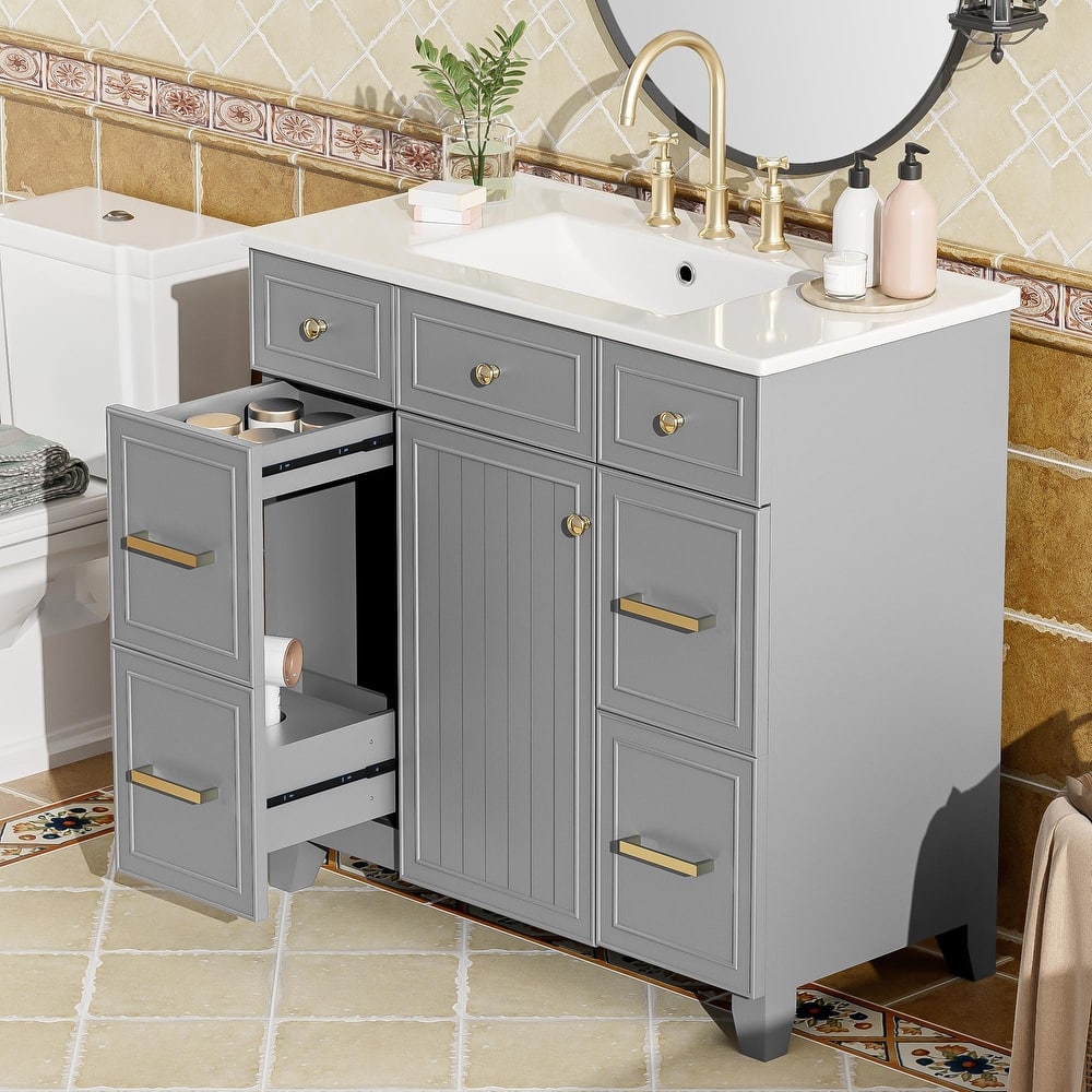 Multifunctional Adjustable Storage Cabinet Bathroom Vanity with 3 Drawers, Side Double Layer Drawer with Hairdryer Storage