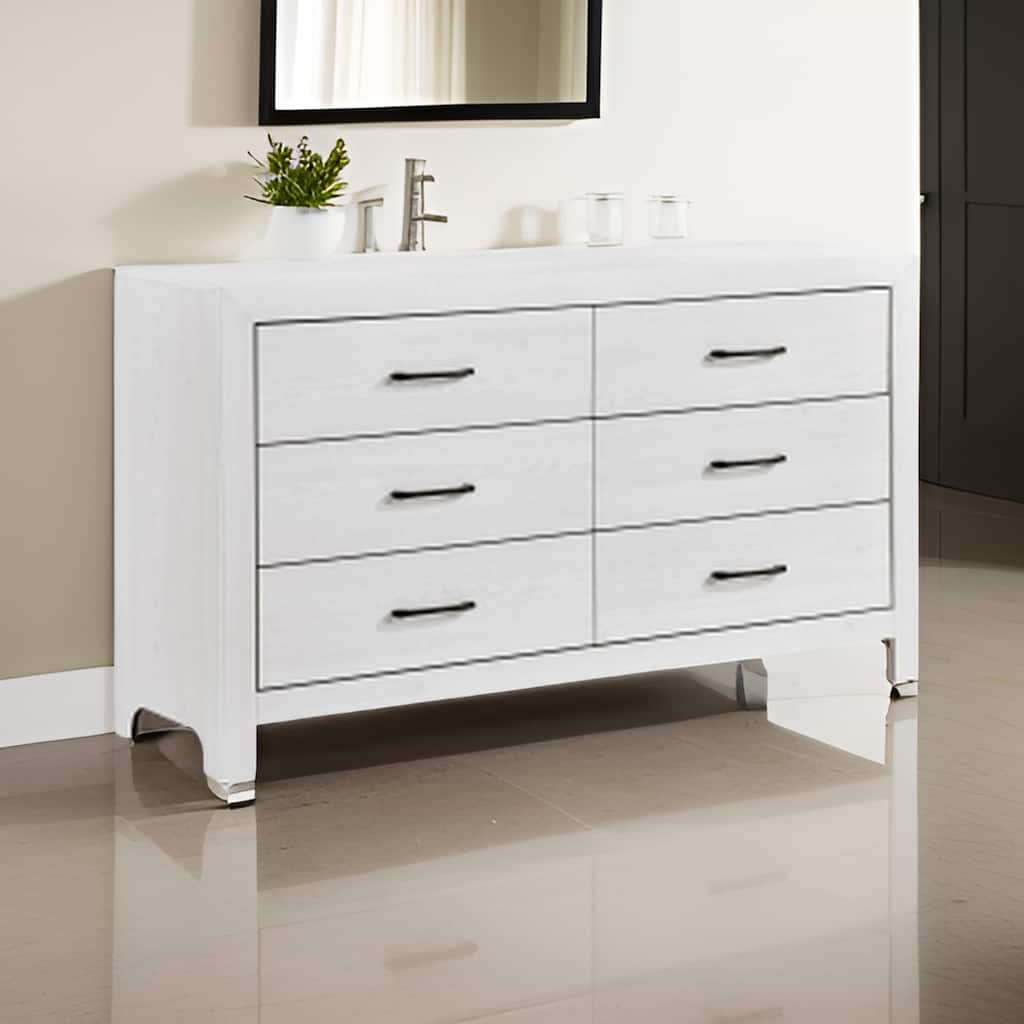 Eby 59 Inch Wide Dresser, 6 Drawers with Black Nickel Handles, White Finish