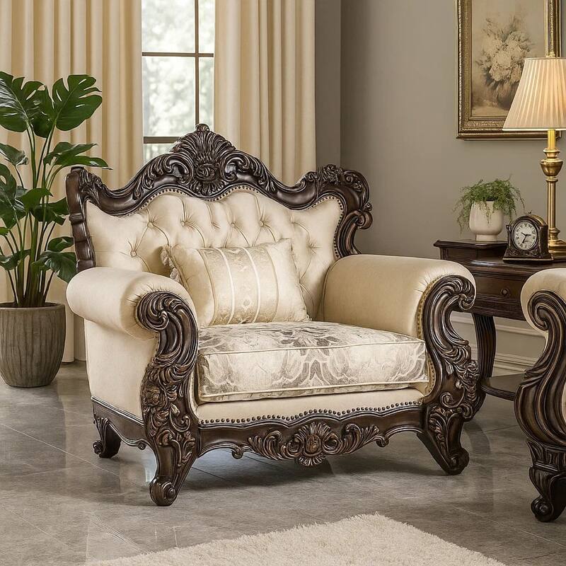 Puhi Accent Armchair w Lumbar Pillow, Beige Fabric, Ornate Carved Wood