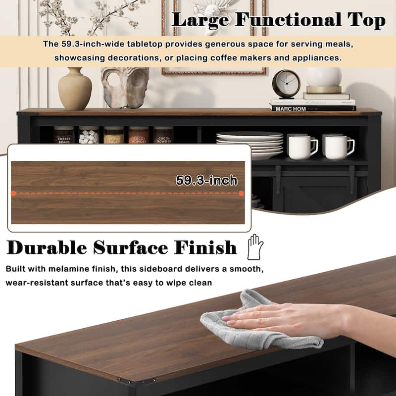 59.3" Farmhouse Sideboard with Sliding Barn Doors & Mesh Panels, Buffet Cabinet with Open Storage for Kitchen or Living Room