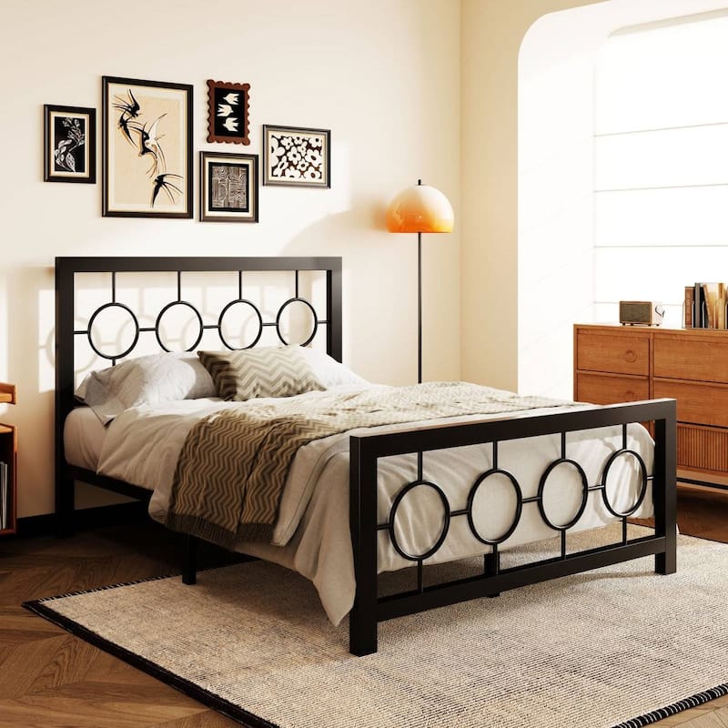 Art Deco Metal Platform Bed Frame with Openwork Headboard and Footboard Modern Iron Slat Support