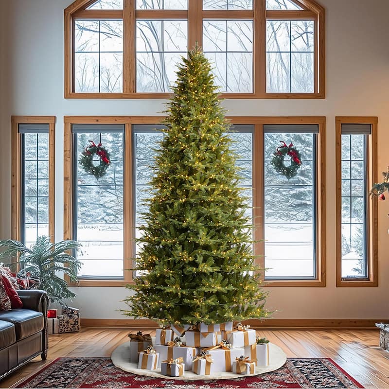 Glitzhome 7.5ft/9ft/11ft Pre-Lit Green Full Fir Artificial Christmas Tree with 1800/2450/3200 LEDs Simple Setup