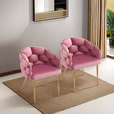 Pink Set of 2 Luxury Handmade Accent Chair with Gold Legs, Modern Velvet Armchair Dining Chair for Living Room Bedroom