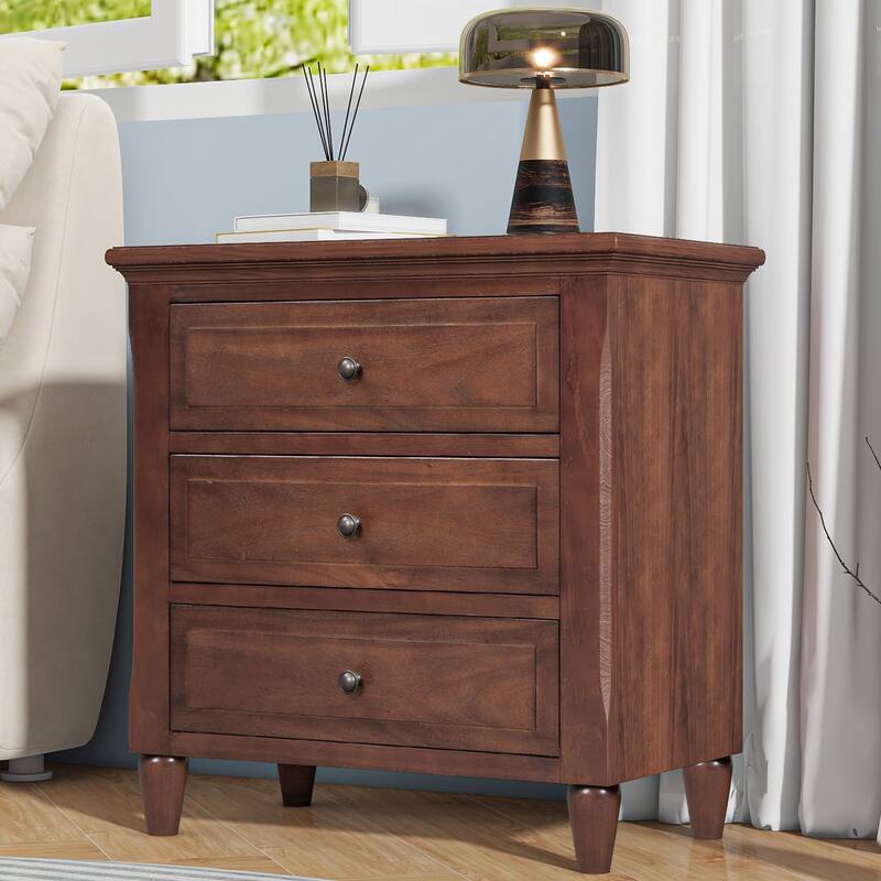 U_STYLE 28'' Pine Wood 3-Drawer Nightstand - Smooth Rails + Rubber Legs, Minimalist Bedside/Sofa Side Table