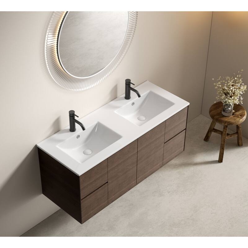 Double Bowl Ceramic Bathroom Sink - Thin Edge Vanity Basin, Dual Countertop Porcelain Wash Basin for Bathroom - Milk White