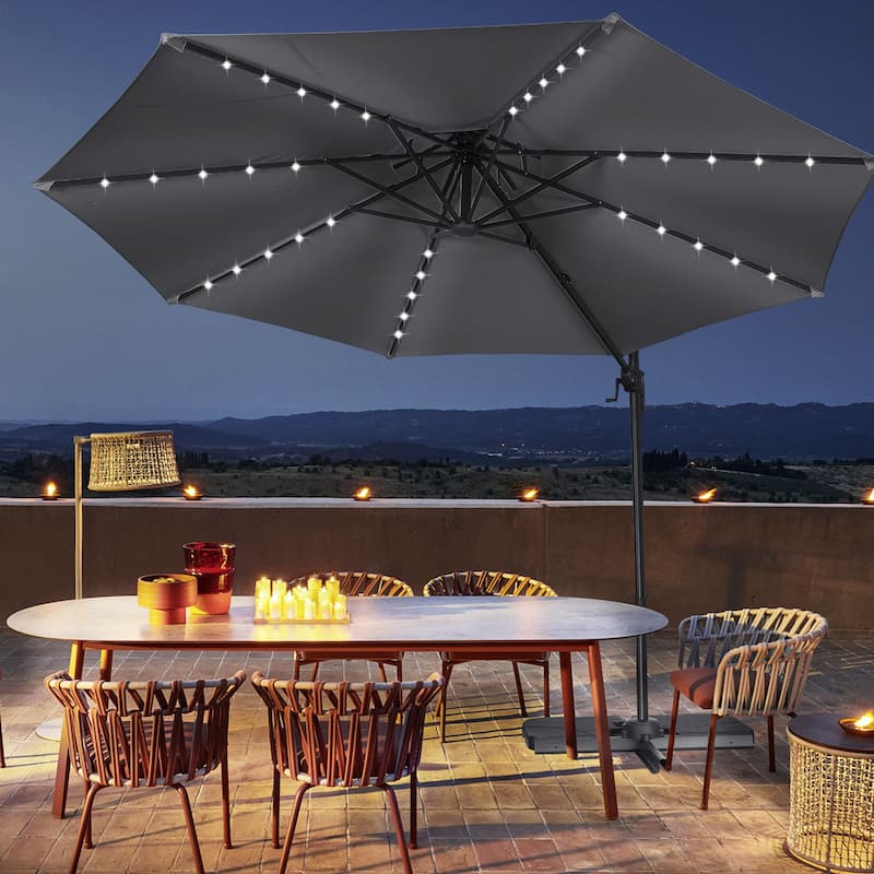 Autlaycil 10FT Cantilever Patio Umbrella with Solar Lights Included Base 360 Rotation Large Offset Hanging Outdoor Shade - Grew-New