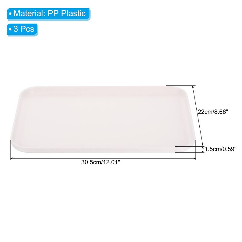 Fast Food Tray, 3 Pack PP Plastic Reusable Rectangle Serving Tray - White - 12x9"