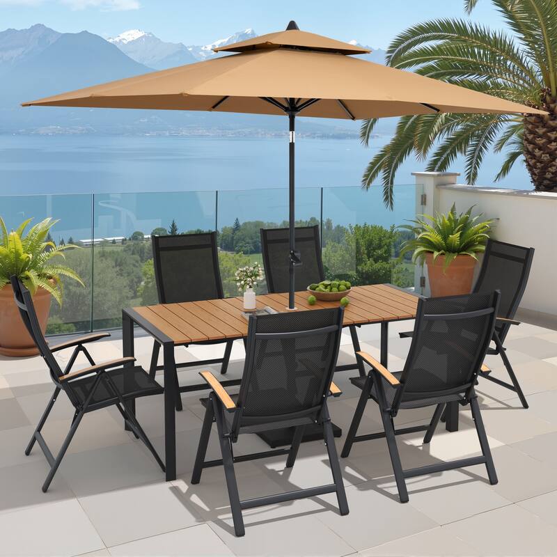 9/11-Piece Outdoor Patio Dining Set Aluminum Dining Table and Chairs w/10 ft Market Umbrella and Base - Set of 9 - Brown Table with Tan Umbrella