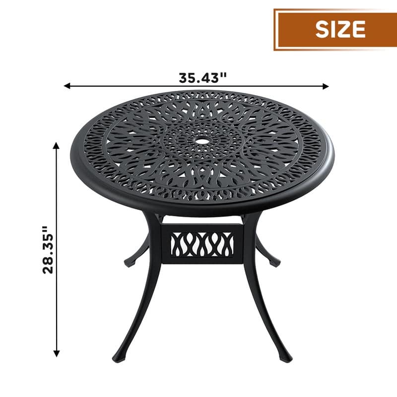 35.43-inch Outdoor Patio Round Cast Aluminum Dining Table with Umbrella Hole for 4 Person