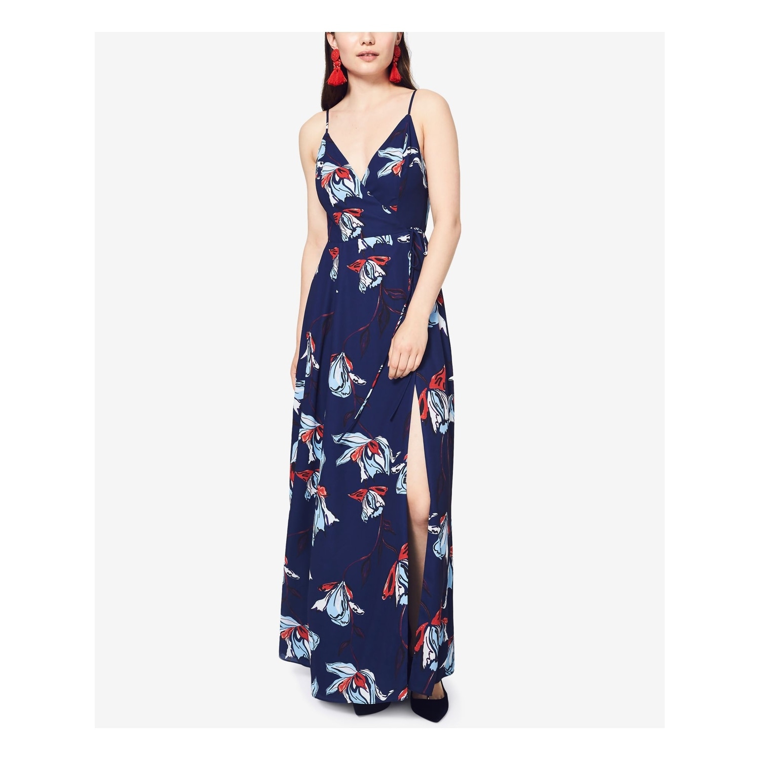 red spaghetti strap wrap dress