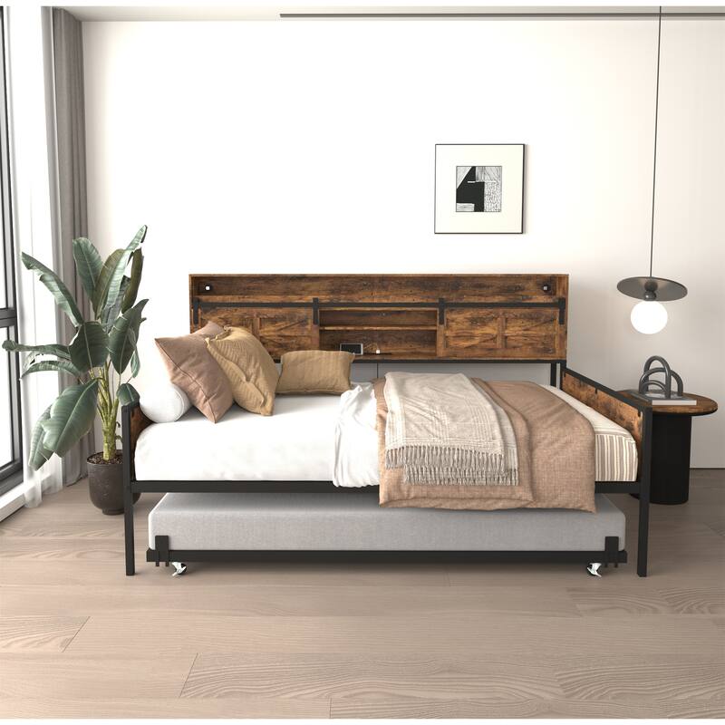 Twin Daybed with Trundle with Sliding Barn Door Headboard and Charging Station and LED Light - Black+Brown