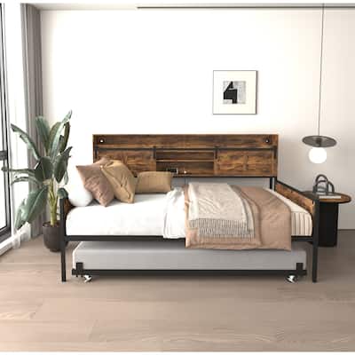 Twin Daybed with Trundle with Sliding Barn Door Headboard and Charging Station and LED Light
