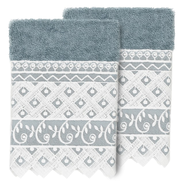 Authentic Hotel and Spa 100% Turkish Cotton Aiden 2PC White Lace Embellished Washcloth Set - Teal